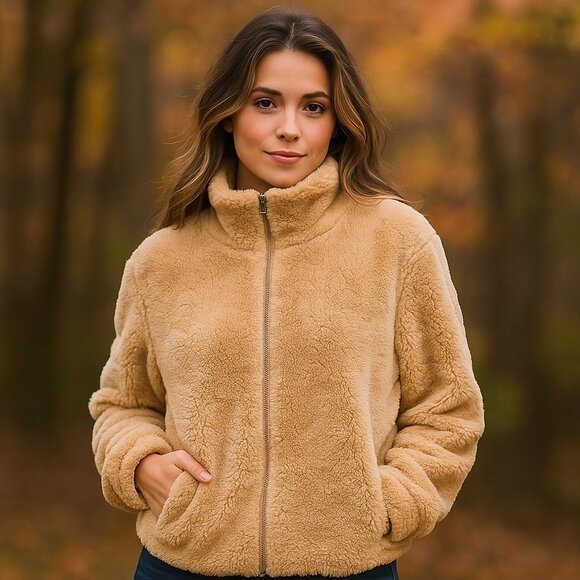 Sanctuary Faux Fur Teddy Soft Fully Lined Neutral Bomber Jacket Sz Med - Picture 1 of 11